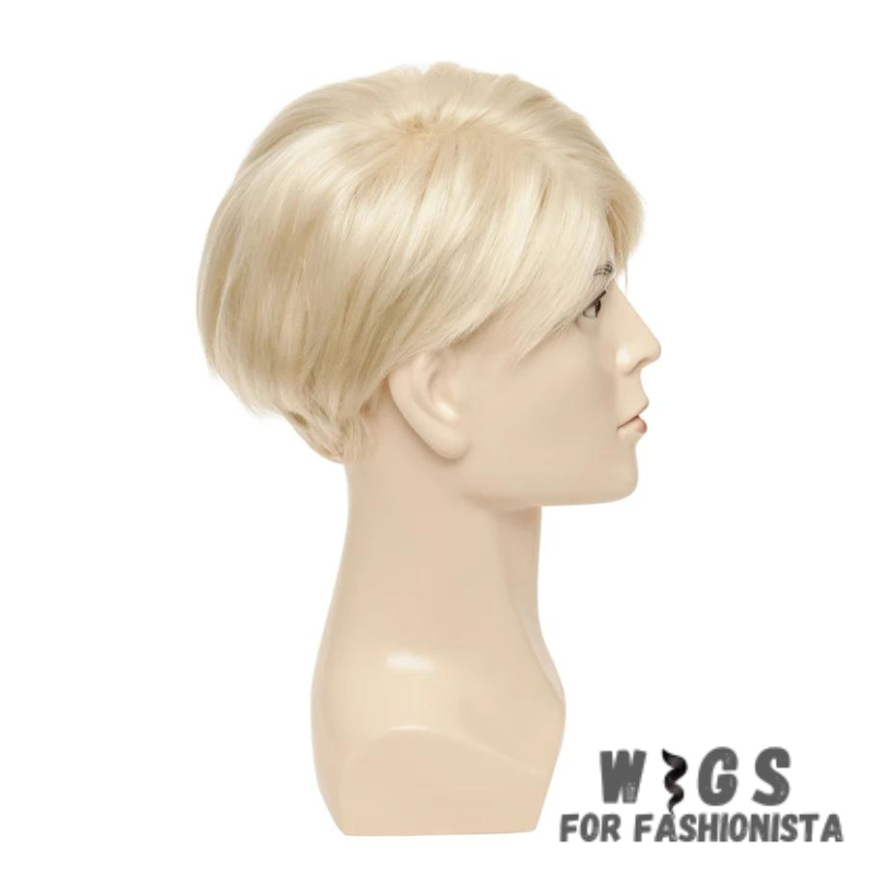 Short Blonde Synthetic Wig for Men – Crafted with premium synthetic fibers, features a trendy short length & a stunning blonde hue that adds a touch of modern flair to any look. The sleek & manageable style ensures easy maintenance & a polished appearance. Designed for comfort & durability, lightweight construction that allows for all-day wear without any discomfort. The synthetic fibers mimic the texture and shine of natural hair, providing a realistic and undetectable finish. -WIGS FOR FASHIONISTA