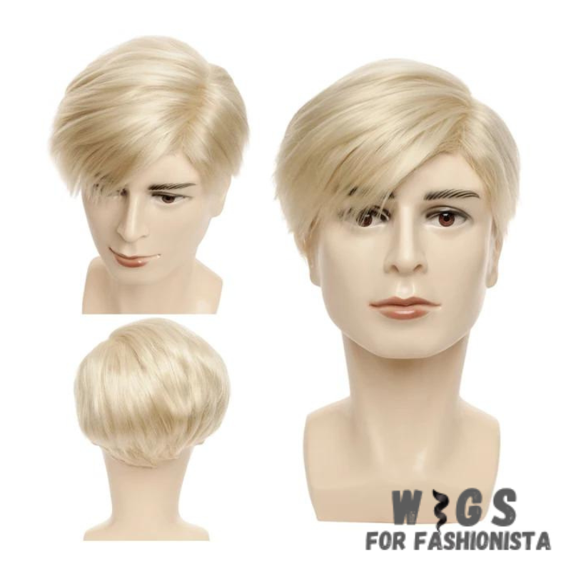 Short Blonde Synthetic Wig for Men – Crafted with premium synthetic fibers, features a trendy short length & a stunning blonde hue that adds a touch of modern flair to any look. The sleek & manageable style ensures easy maintenance & a polished appearance. Designed for comfort & durability, lightweight construction that allows for all-day wear without any discomfort. The synthetic fibers mimic the texture and shine of natural hair, providing a realistic and undetectable finish. -WIGS FOR FASHIONISTA
