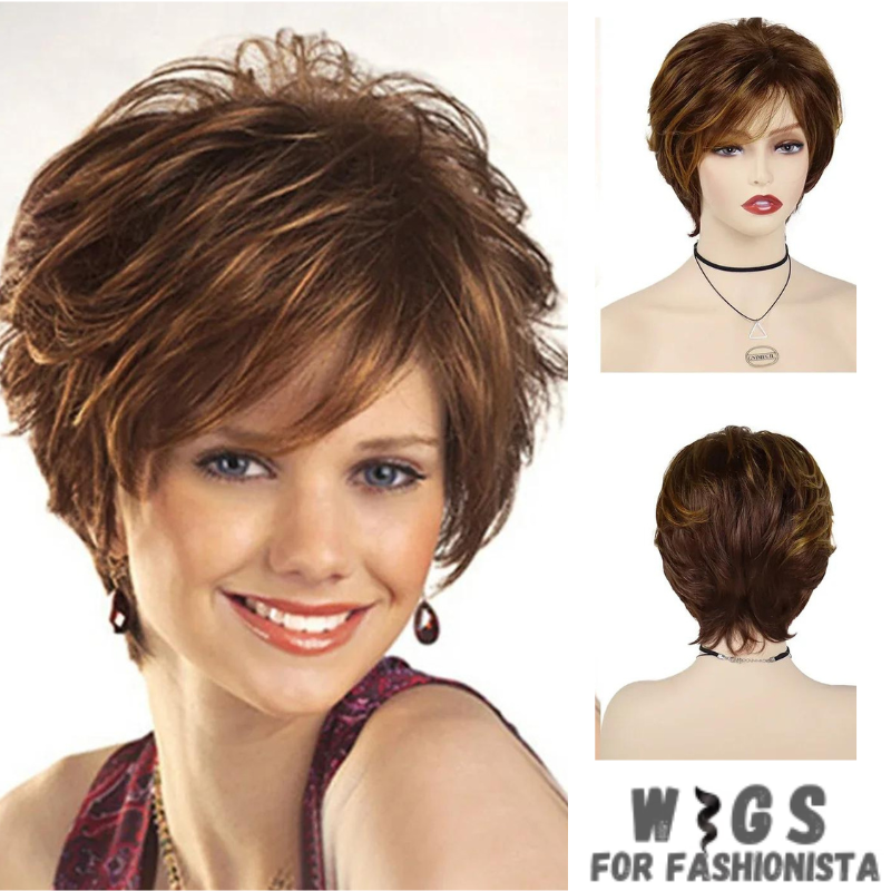 Synthetic Short Hairstyle Wig with Bangs, expertly crafted to mimic the texture and movement of natural hair, ensuring a realistic appearance, breathable and lightweight construction. Provides all-day comfort, whether you're out on the town or lounging at home. The bangs frame the face beautifully, adding a flattering touch to any look. -WIGS FOR FASHIONISTA