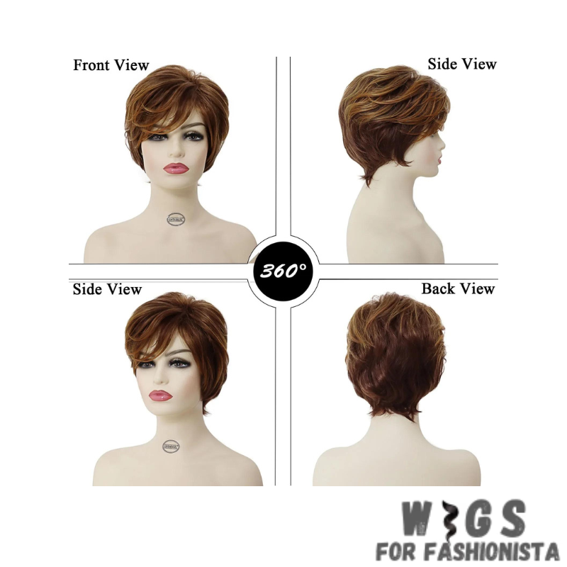 Synthetic Short Hairstyle Wig with Bangs, expertly crafted to mimic the texture and movement of natural hair, ensuring a realistic appearance, breathable and lightweight construction. Provides all-day comfort, whether you're out on the town or lounging at home. The bangs frame the face beautifully, adding a flattering touch to any look. -WIGS FOR FASHIONISTA