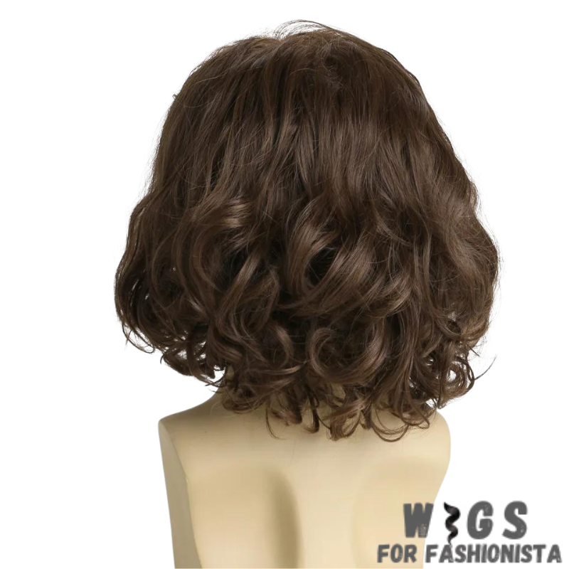 Synthetic Wavy Short Brown Hair wig. High-quality synthetic fibers. Trendy wavy texture. Rich brown color adds warmth and depth to your look, complementing a wide range of skin tones and personal styles. Pre-styled and ready to wear right out of the box. Heat-resistant synthetic fibers. -WIGS FOR FASHIONISTA
