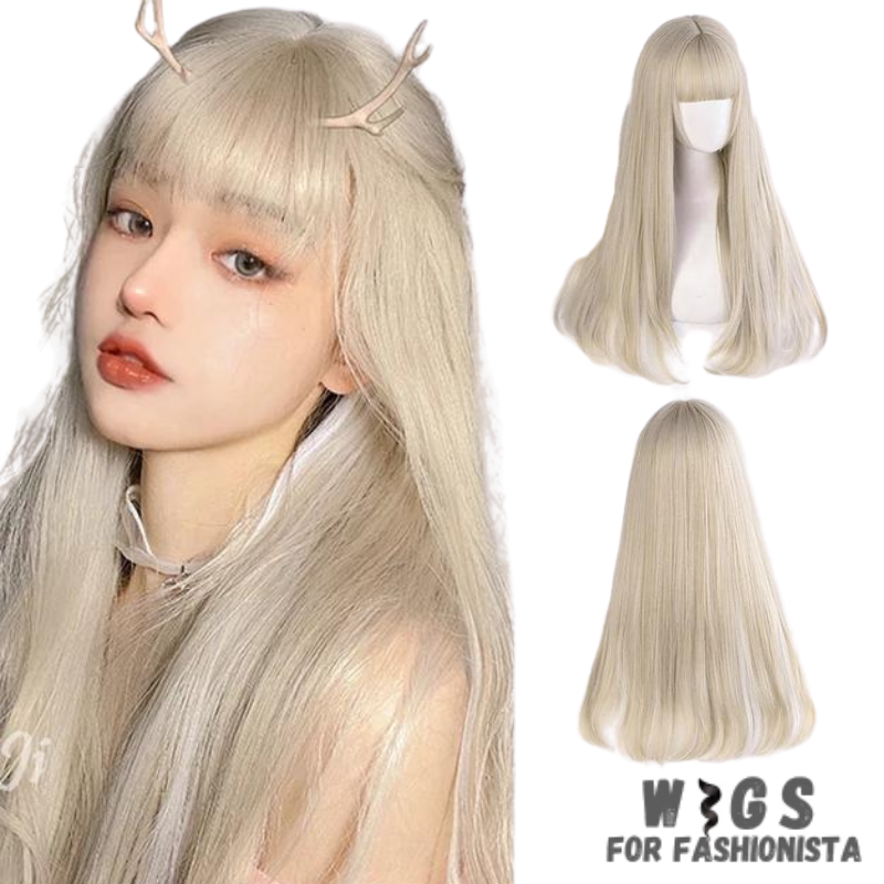Female Long Straight Hair Wig with Bangs, crafted with premium quality synthetic fibers, features luxuriously long and silky straight hair that falls gracefully down your shoulders. The addition of bangs frames the face delicately, adding a touch of softness and sophistication to your look. The synthetic fibers have a natural sheen and movement, for realistic appearance. Designed for comfort and durability, lightweight and breathable construction. -WIGS FOR FASHIONISTA