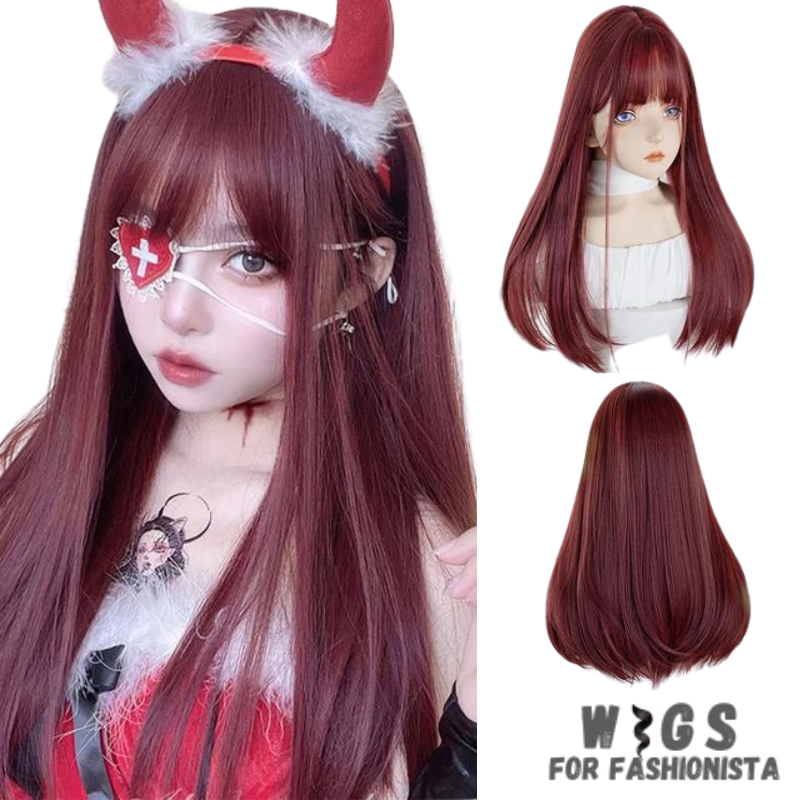 Female Long Straight Hair Wig with Bangs, crafted with premium quality synthetic fibers, features luxuriously long and silky straight hair that falls gracefully down your shoulders. The addition of bangs frames the face delicately, adding a touch of softness and sophistication to your look. The synthetic fibers have a natural sheen and movement, for realistic appearance. Designed for comfort and durability, lightweight and breathable construction. -WIGS FOR FASHIONISTA