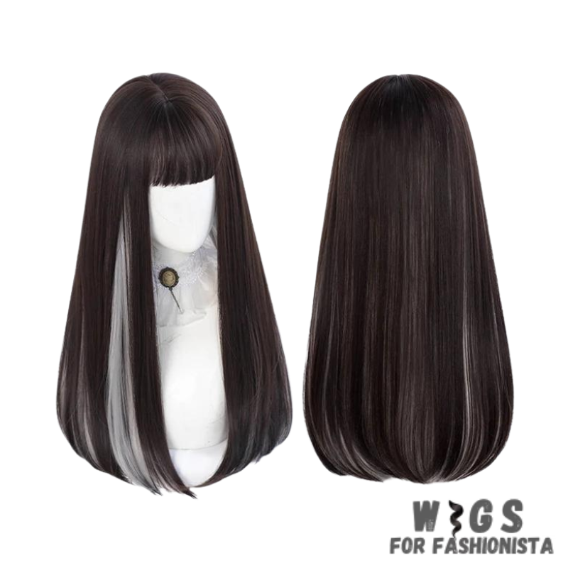 Female Long Straight Hair Wig with Bangs, crafted with premium quality synthetic fibers, features luxuriously long and silky straight hair that falls gracefully down your shoulders. The addition of bangs frames the face delicately, adding a touch of softness and sophistication to your look. The synthetic fibers have a natural sheen and movement, for realistic appearance. Designed for comfort and durability, lightweight and breathable construction. -WIGS FOR FASHIONISTA