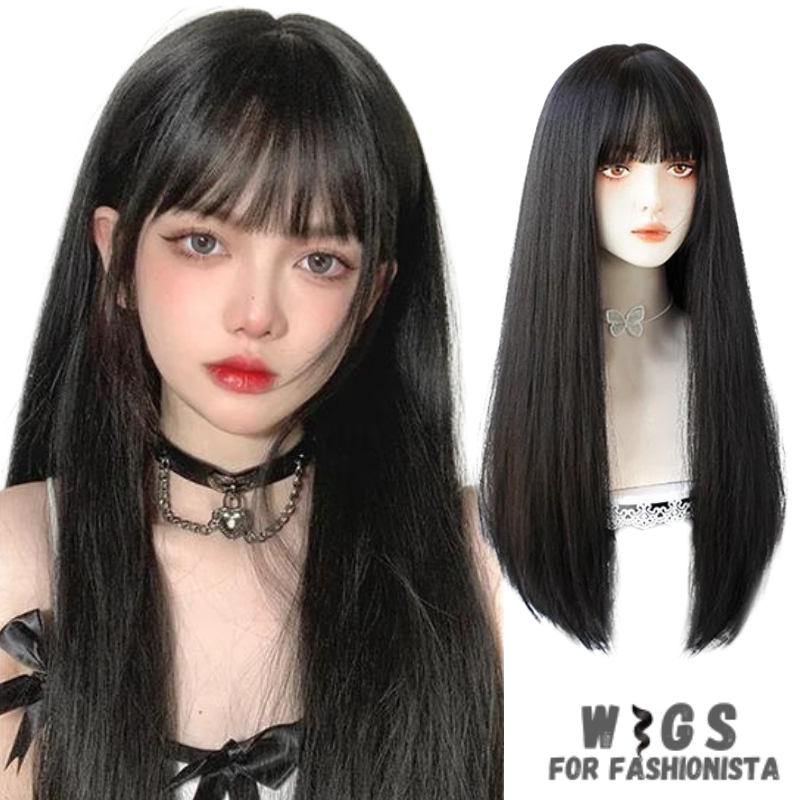 Female Long Straight Hair Wig with Bangs, crafted with premium quality synthetic fibers, features luxuriously long and silky straight hair that falls gracefully down your shoulders. The addition of bangs frames the face delicately, adding a touch of softness and sophistication to your look. The synthetic fibers have a natural sheen and movement, for realistic appearance. Designed for comfort and durability, lightweight and breathable construction. -WIGS FOR FASHIONISTA