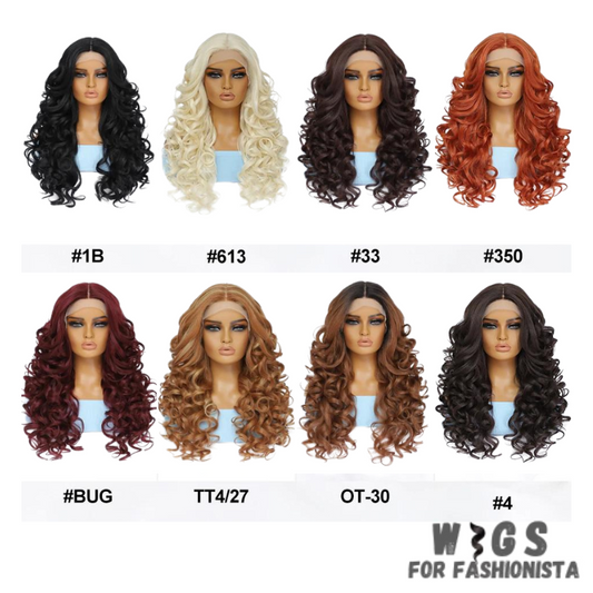 Black Brown Curly Synthetic Lace Front Wig.Black with brown highlights,creating a subtle and dimensional look.Curly,offering voluminous and bouncy curls for added flair.Various length options available.High-quality synthetic fibers.Natural-looking lace front construction for seamless blending with your hairline. -WIGS FOR FASHIONISTA