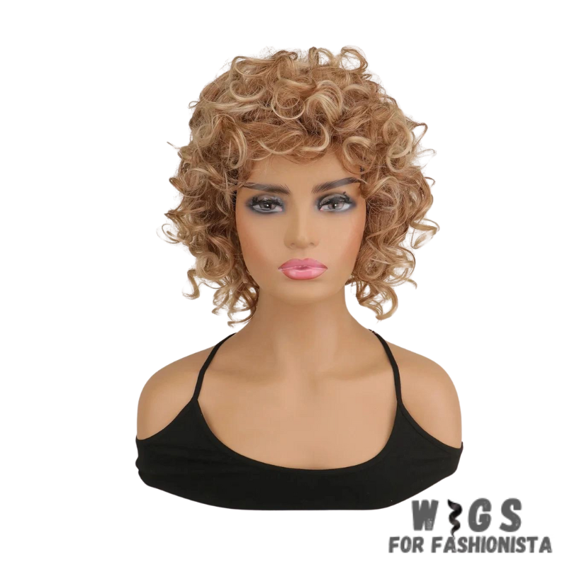 Crafted from high-quality synthetic fibers, this wig offers a soft and natural-looking texture resembles human hair. Lightweight fibers and easy to style.Adjustable wig cap, secure and comfortable fit,designed to provide optimal airflow and ventilation.Blonde Short Curly Synthetic Wig offers a versatile and stylish solution that allows you to express your unique personality with confidence.Hello to effortless glamour with this premium synthetic wig. -WIGS FOR FASHIONISTA