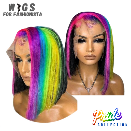 A fusion of boldness and sophistication edgy blunt style, with added playful twist with a half rainbow color scheme.Crafted with premium synthetic fibers,realistic look and feel, seamless.Vibrant half rainbow color palette.From striking reds to vivid oranges, sunny yellows,lush greens, and tranquil blues, each section of the wig features a different hue, creating a captivating rainbow effect that's both eye-catching and unique. -WIGS FOR FASHIONISTA