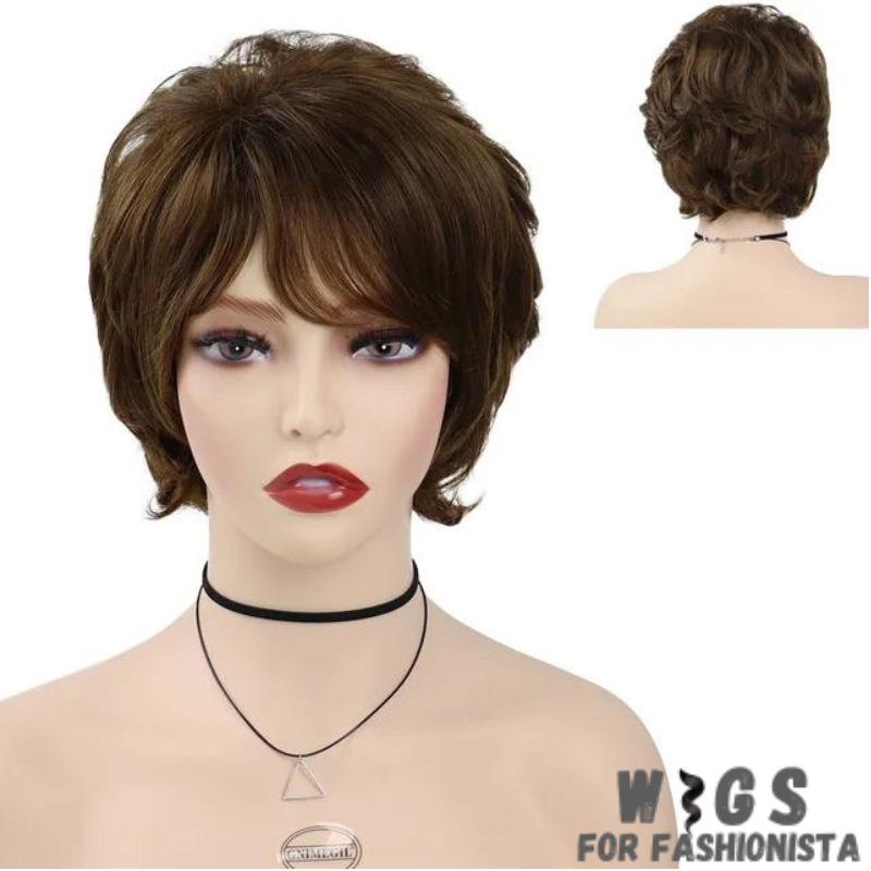 Synthetic Short Hairstyle Wig with Bangs, expertly crafted to mimic the texture and movement of natural hair, ensuring a realistic appearance, breathable and lightweight construction. Provides all-day comfort, whether you're out on the town or lounging at home. The bangs frame the face beautifully, adding a flattering touch to any look. -WIGS FOR FASHIONISTA