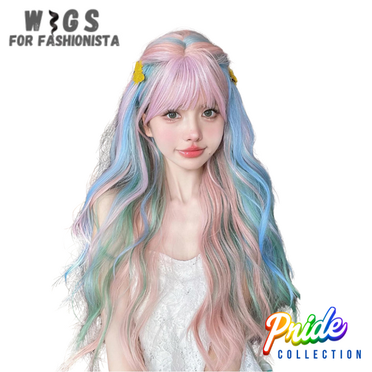 Multi-color 28-inch synthetic wigs with bangs. Length of 28 inches. Multi-color, incorporates a blend of vibrant hues, ranging from subtle gradients to striking contrasts. Features a combination of electric blue, vibrant pink, & deep purple, creates dynamic & visually captivating effect. Bangs, which can frame the face beautifully & add a touch of youthful charm, allows to sweep them to the side for a softer look or keep them blunt for a more edgy appearance. -WIGS FOR FASHIONISTA