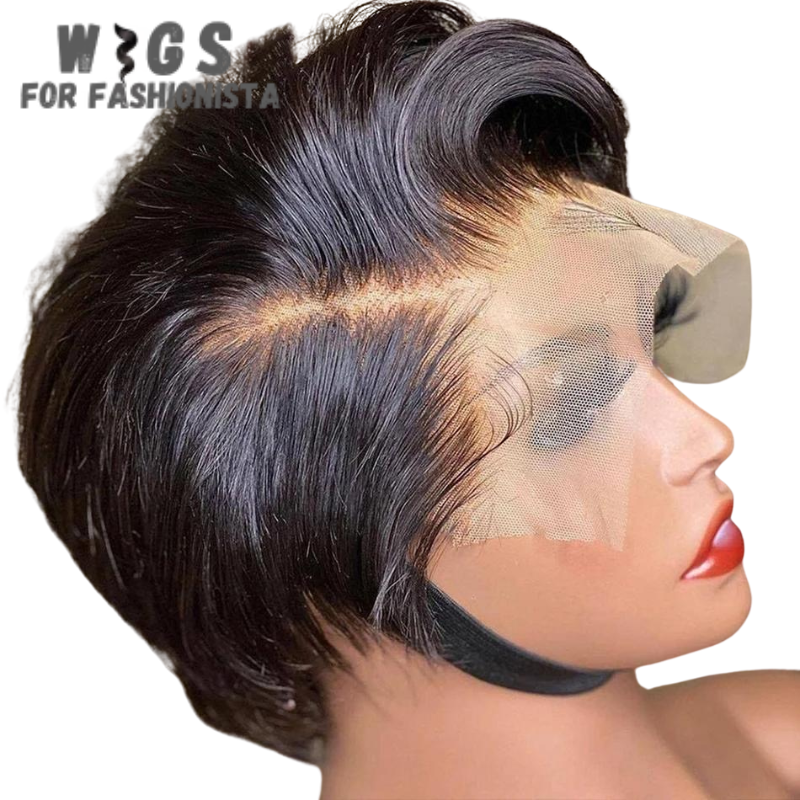 Pixie Cut Wig crafted from premium quality human hair. Designed to exude confidence & sophistication, features a modern & chic pixie cut that is both timeless & edgy.With transparent lace front that creates a seamless & natural hairline, for effortless styling & a flawless appearance. Offers unparalleled comfort & breathability. Each strand of hair is meticulously hand-tied to the lace cap, for realistic movement &q` texture that mimics natural hair. -WIGS FOR FASHIONISTA