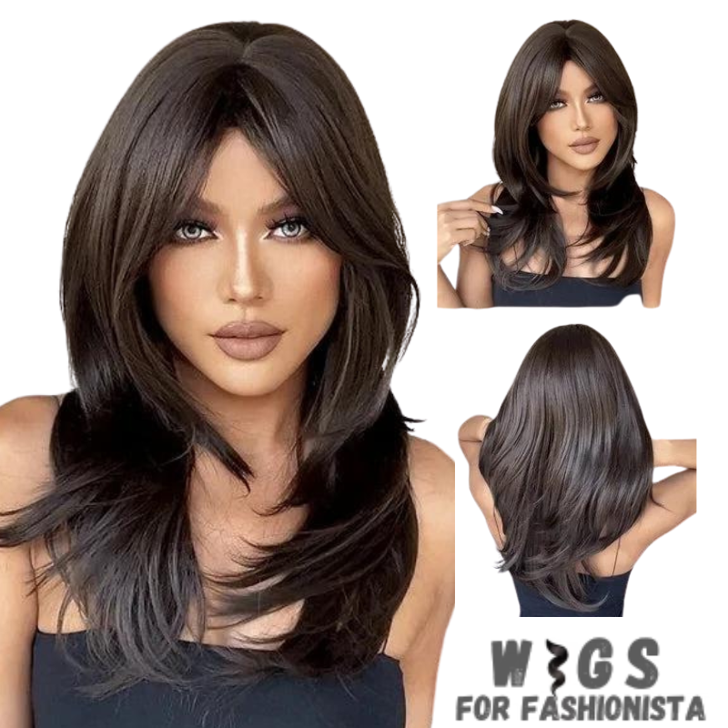 Medium Length Layered Synthetic Wig – Crafted with high-quality synthetic fibers, medium-length cut with beautifully layered strands that add volume and dimension to your hairstyle. The layers create a natural and textured look, allowing for easy styling and a flattering silhouette. -WIGS FOR FASHIONISTA